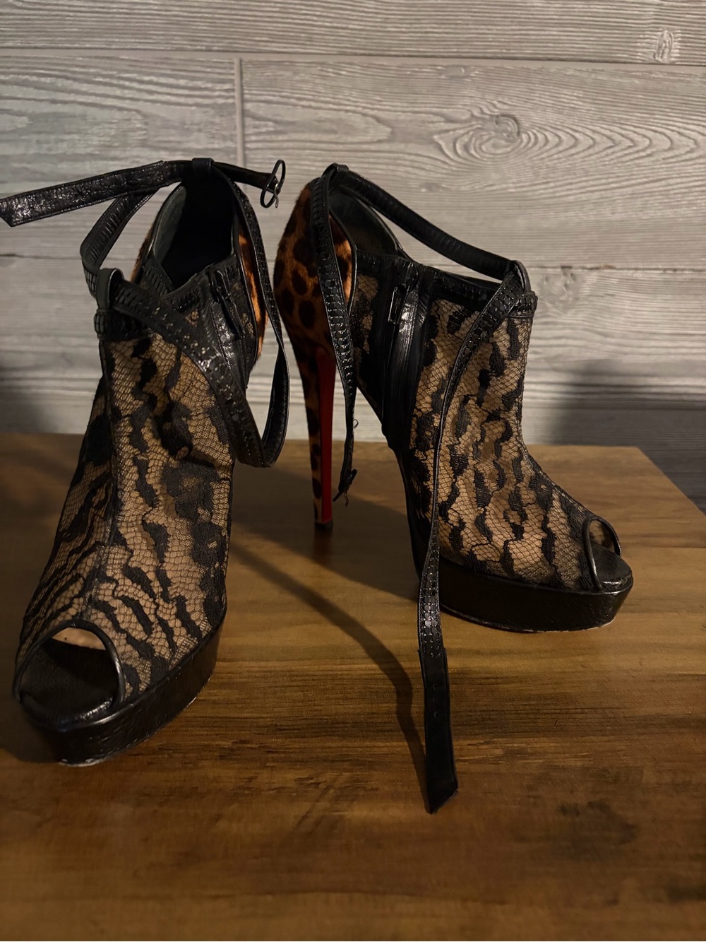Christian Louboutin Black Lace Peep-Toe Platform Heels with Leopard Accent